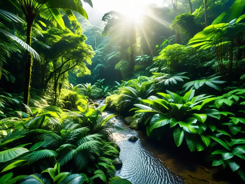 Un exuberante bosque lluvioso, con árboles altos, follaje verde vibrante y vida silvestre diversa