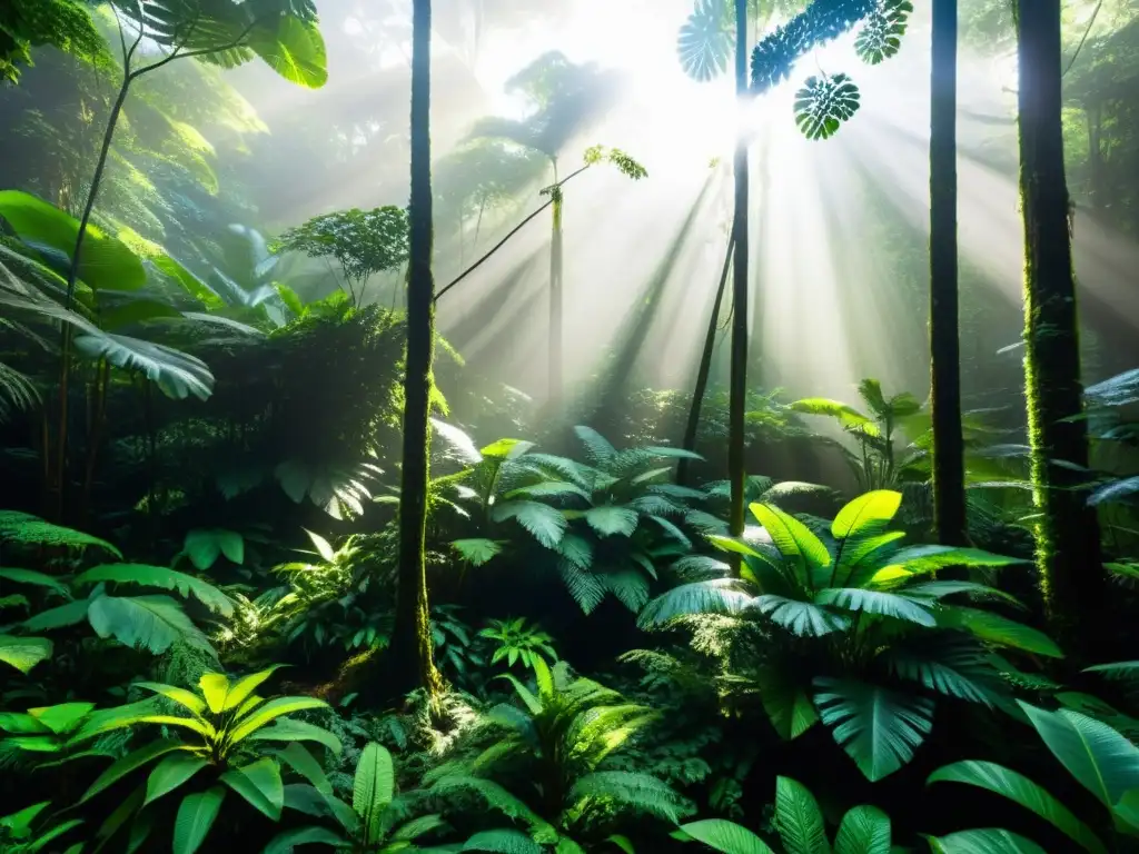 Un exuberante bosque tropical con árboles imponentes y una variedad de vida vegetal próspera en la exuberante maleza verde