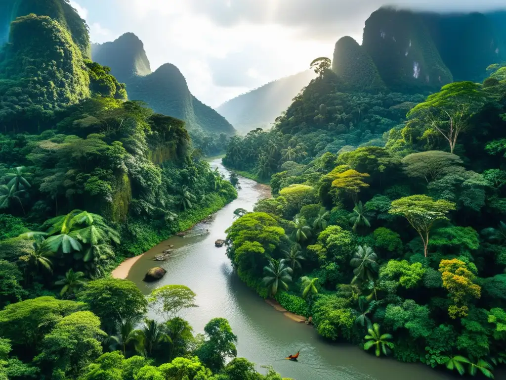 Selva exuberante: vida silvestre y la huella humana Un exuberante bosque tropical con una diversidad de vida silvestre