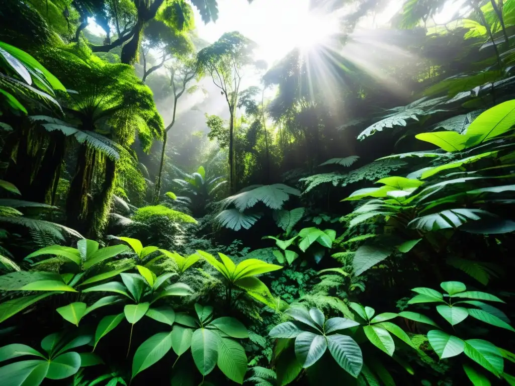 Un exuberante y denso bosque lluvioso con árboles imponentes entrelazados con espesas enredaderas y frondas verdes vibrantes