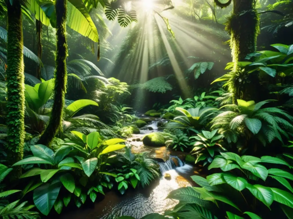 Un exuberante y denso bosque lluvioso con vida silvestre diversa y un arroyo serpenteante