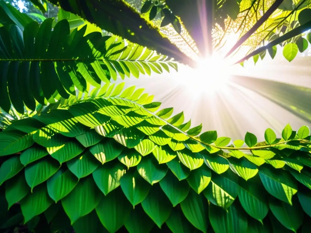 Selva exuberante: vida y biodiversidad Un exuberante dosel de selva lluviosa, con luz solar entre las hojas