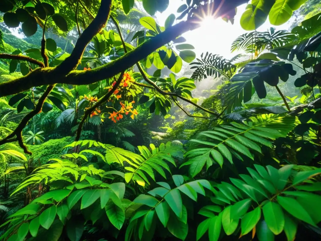 Exuberante dosel de la selva tropical con diversidad de flora y fauna