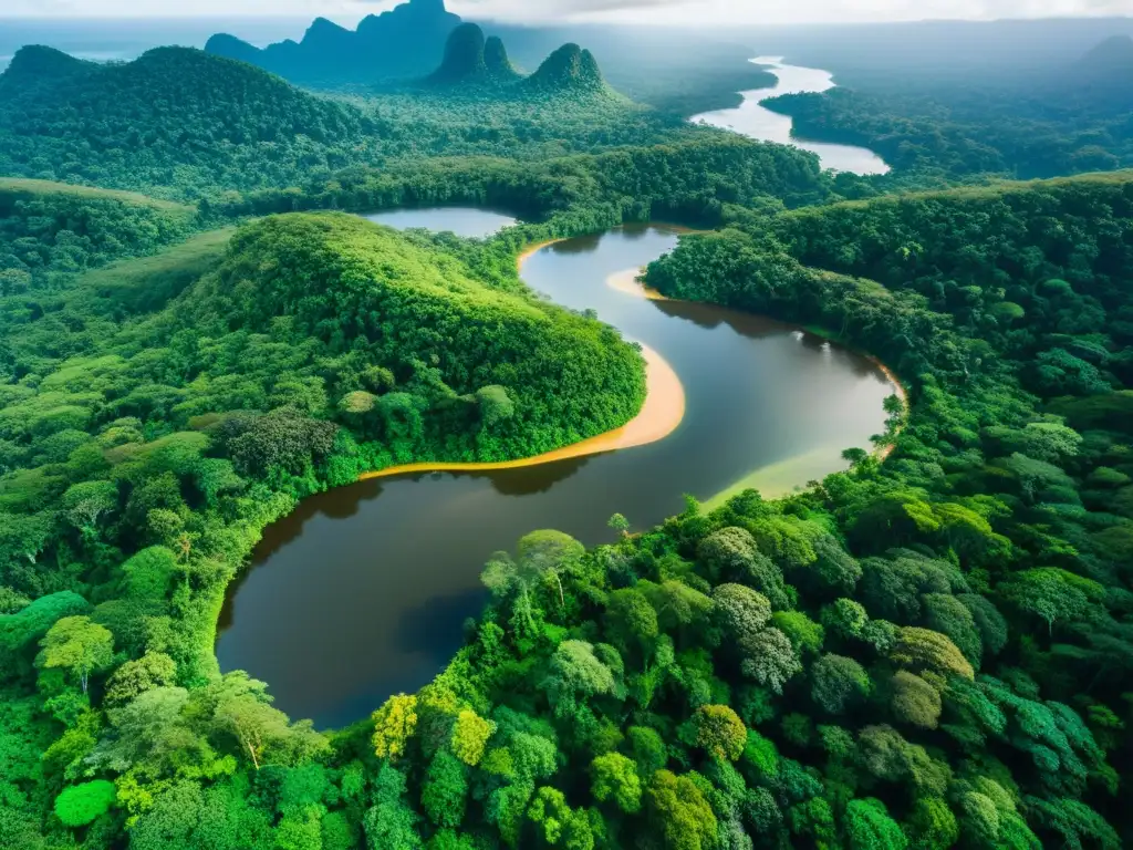 Exuberante selva tropical con río serpenteante y vida silvestre