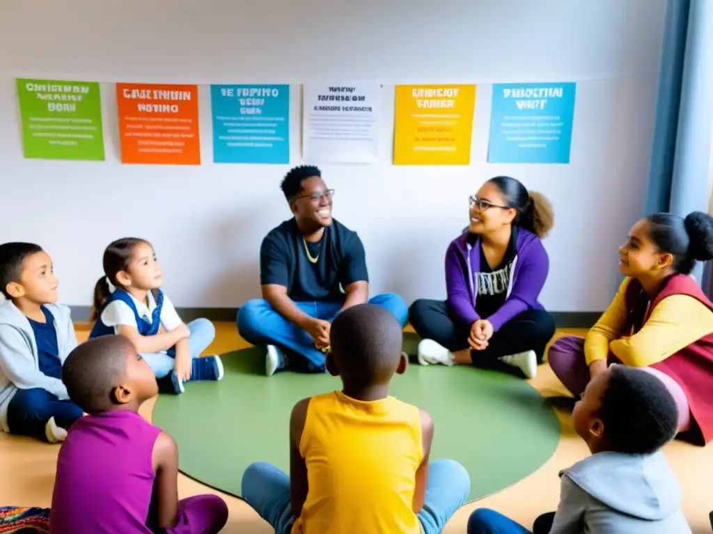 Un facilitador escucha a un grupo de niños de diferentes edades y etnias en una animada discusión en un aula luminosa y acogedora