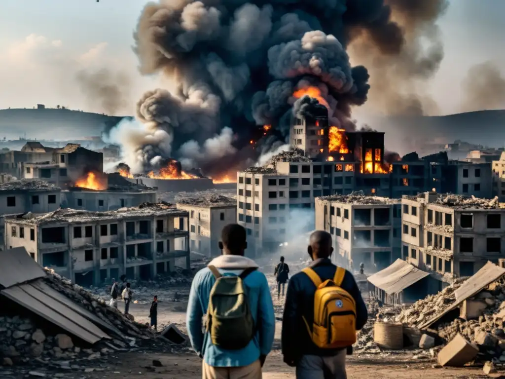 Falta de Acción Internacional en Conflictos Desatendidos: Civiles desplazados en una ciudad devastada por la guerra, expresando miedo y desesperación