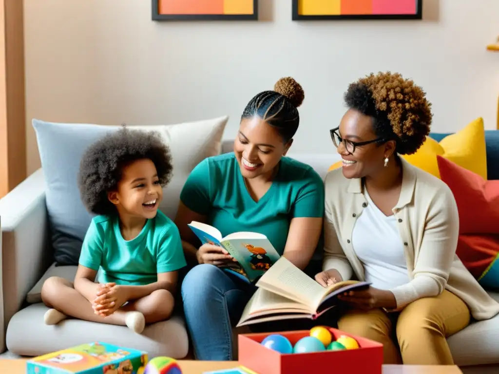 Una familia LGBTIQ+ amorosa y diversa disfruta de momentos cotidianos en su acogedor salón, rodeados de juguetes y libros infantiles