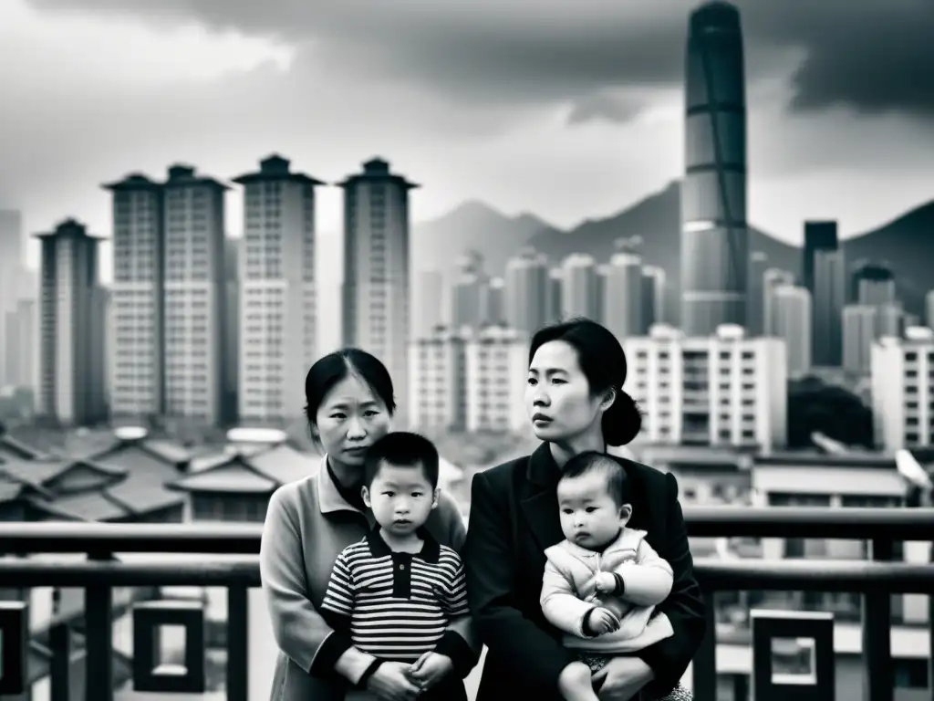 Una familia china en blanco y negro frente a su hogar, reflejando la complejidad de la política de un solo hijo en China