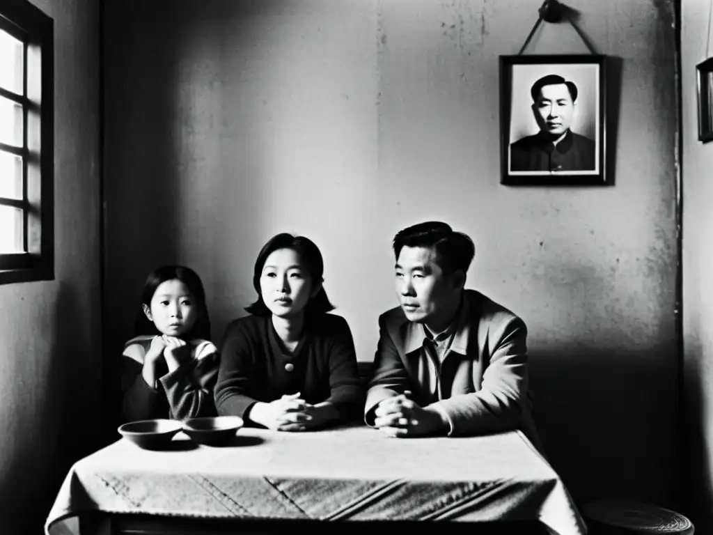 Una familia china se reúne en una habitación austera, reflejando la política de un solo hijo en China y la complejidad de las dinámicas familiares