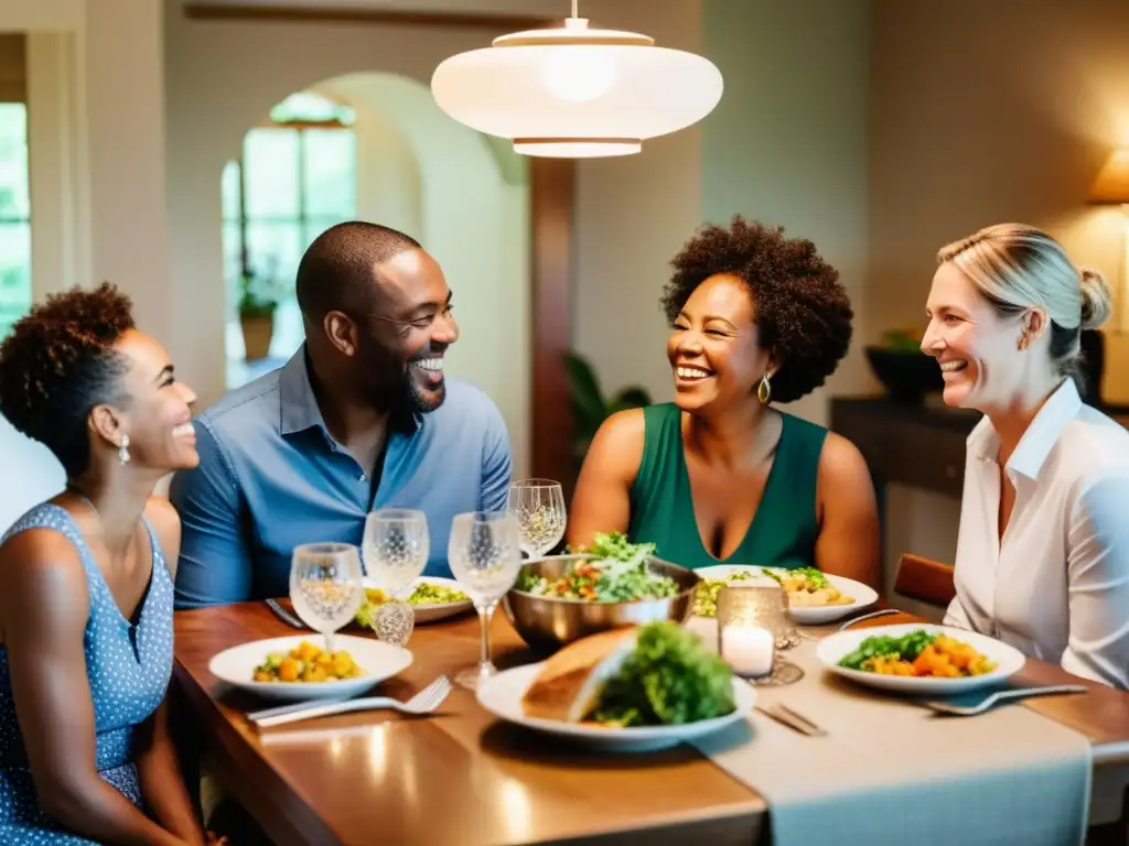 Una familia LGBTIQ+ diversa y amorosa comparte una cena, celebrando la adopción y parentalidad en familias LGBTIQ+ con alegría y conexión genuina