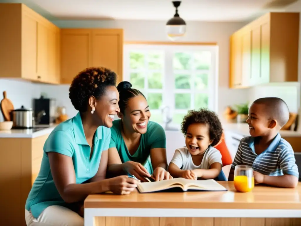 Una familia LGBTIQ+ diversa y amorosa interactuando positivamente en su hogar, mostrando la adopción y parentalidad en familias LGBTIQ+