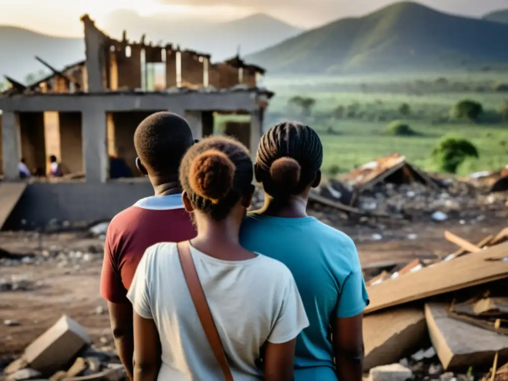 Una familia enfrenta el impacto del cambio climático en la salud mental mientras observa el paisaje devastado por la destrucción