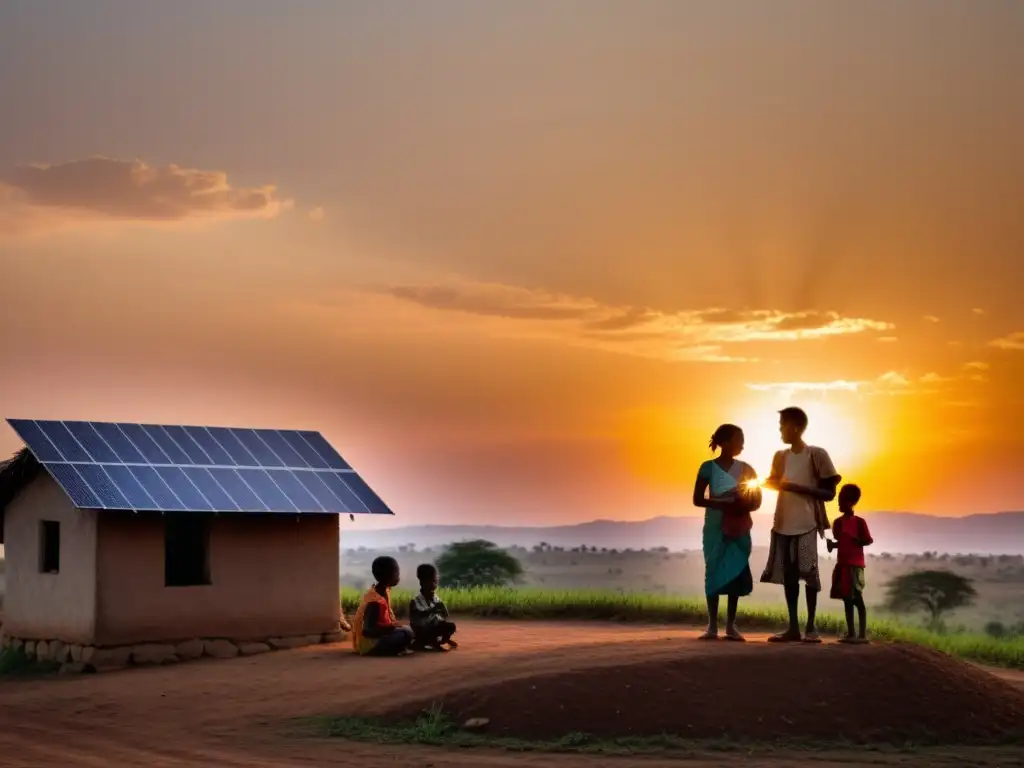 Una familia se reúne alrededor de una lámpara solar al atardecer en una comunidad rural, simbolizando el acceso a la energía en contextos de pobreza