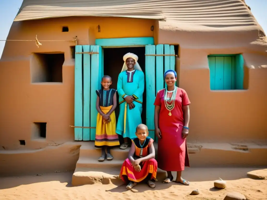 Una familia nubia en la ribera del Nilo, con actividades tradicionales y vestimenta colorida, resalta los Derechos culturales de los nubios en Egipto