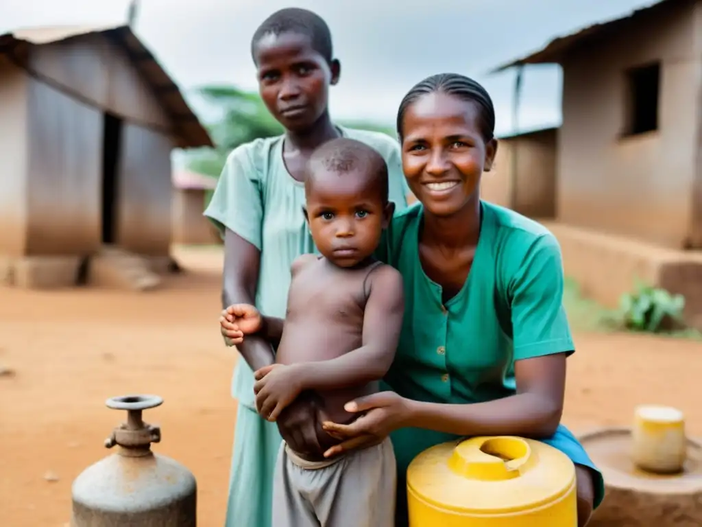 Una familia en un país en desarrollo se reúne alrededor de una bomba de agua comunal, mostrando determinación y agotamiento