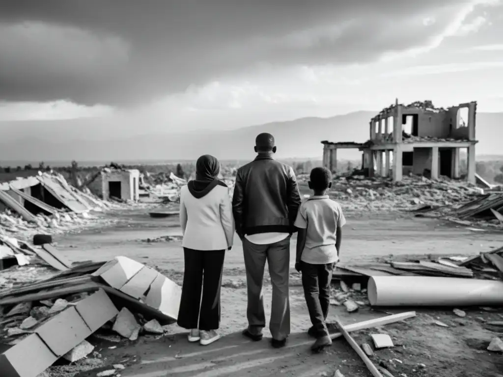 Una familia de pie entre las ruinas de su hogar, con un paisaje devastado detrás