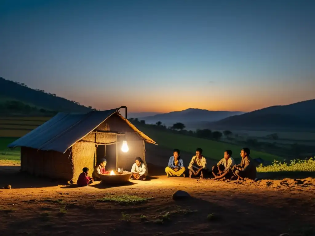 Una familia se reúne alrededor de una sola bombilla en un pueblo rural al anochecer, destacando el impacto del acceso a la energía en contextos de pobreza