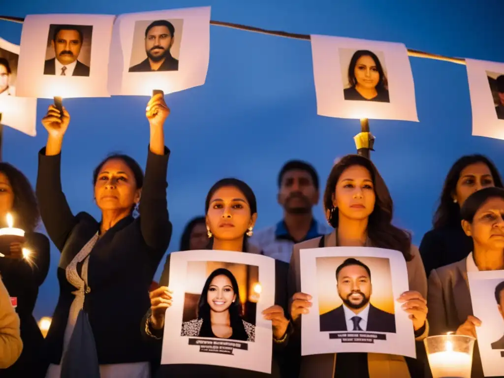 Familiares con fotos de desaparecidos en vigilia por justicia, rostros iluminados por velas, representando la lucha por los derechos humanos