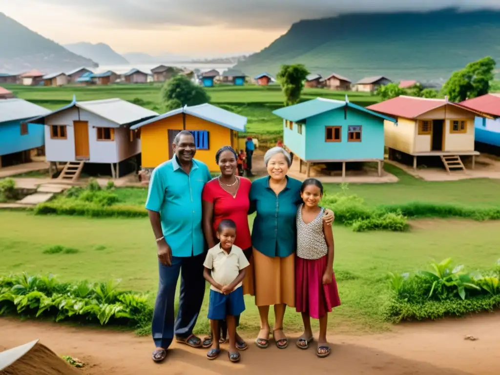 Familias de diversas culturas frente a sus hogares, reflejando la diversidad global en vivienda y el Derecho a la vivienda global