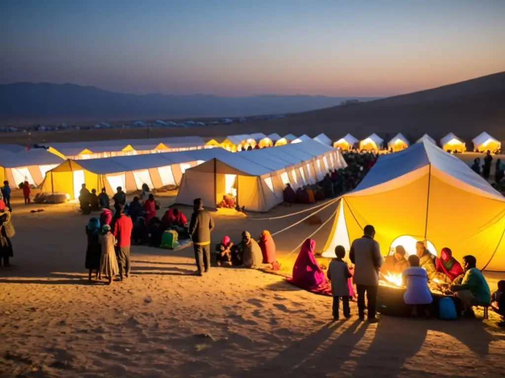 Familias desplazadas se reúnen en un campamento de refugiados, con niños jugando y adultos cocinando