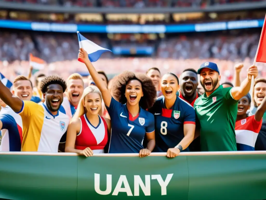 Fans diversos unidos en estadio, ondeando banderas y mostrando unidad