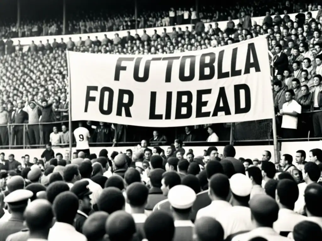 Fans en estadio de fútbol de los 70 con pancarta 'Fútbol por la libertad' rodeados de militares