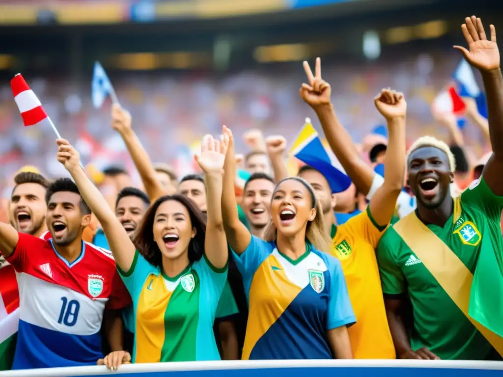 Fans de fútbol de diversas culturas y nacionalidades celebran unidos en un estadio, reflejando la inclusión y diversidad en derechos humanos