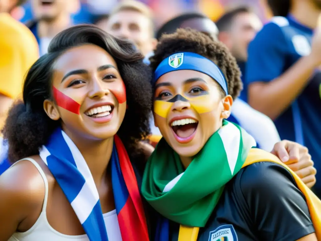 Fans de fútbol diversos celebran juntos en el estadio, transmitiendo unidad y superando el racismo y xenofobia en eventos deportivos