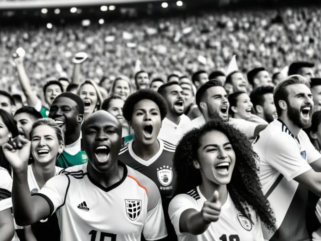 Fans de fútbol de diferentes países ondean banderas en un estadio, mostrando inclusión y diversidad en derechos humanos