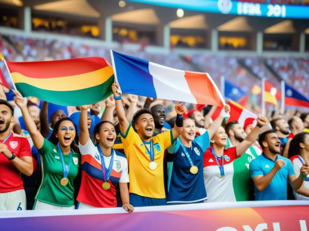 Fans internacionales celebran en un estadio, mostrando banderas y pancartas en un ambiente vibrante