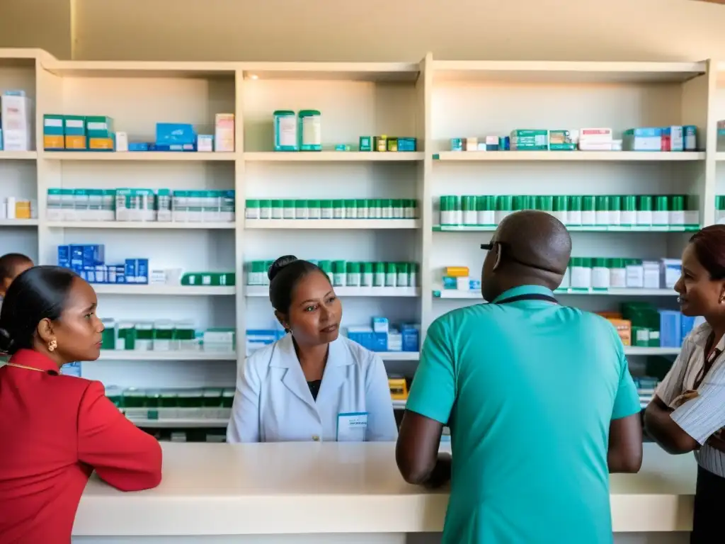 En una farmacia abarrotada de un país en desarrollo, personas esperan acceso a medicamentos esenciales