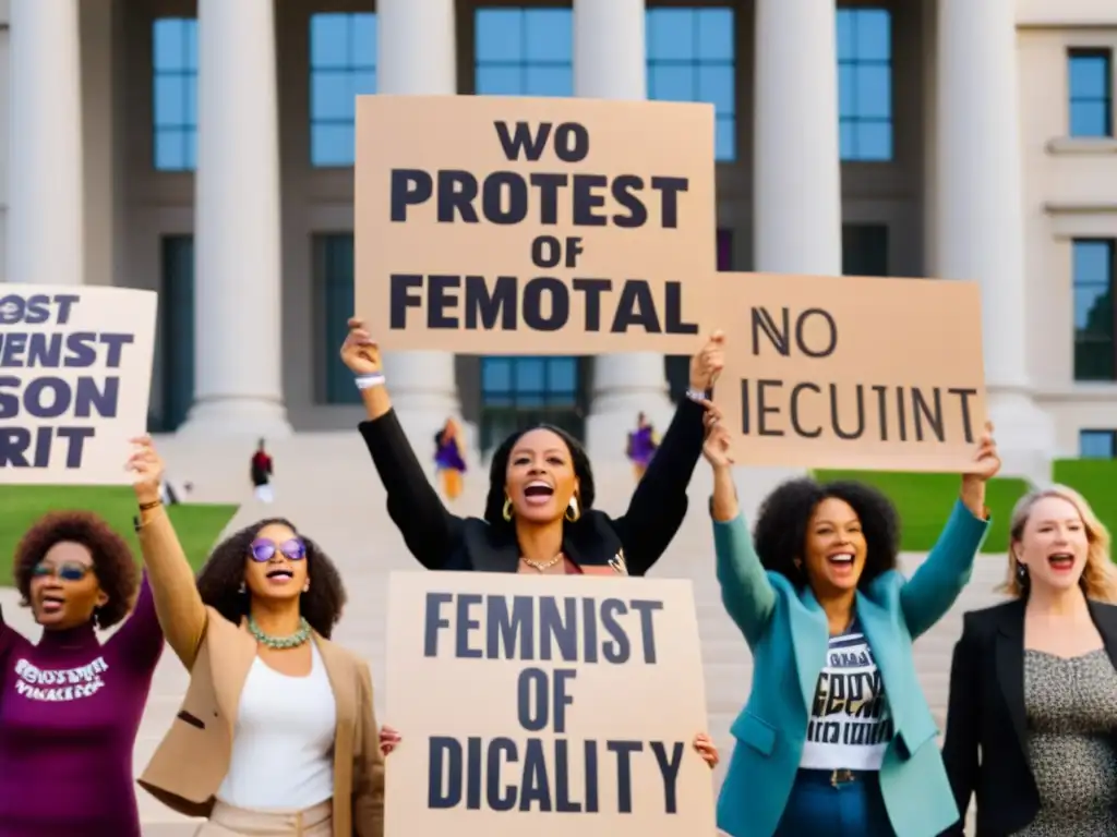 Feminismo interseccional: mujeres diversas con pancartas en protesta frente a un edificio gubernamental, expresando lucha por derechos humanos