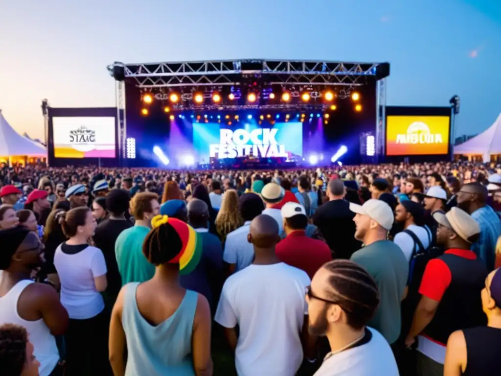 Un festival de música al aire libre con personas de diferentes edades y orígenes reunidas frente a un escenario colorido