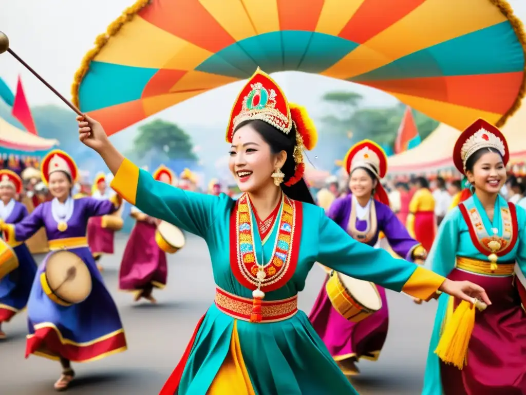 Un festival tradicional bullicioso y vibrante, con gente vestida con trajes coloridos, bailando al ritmo de la música tradicional