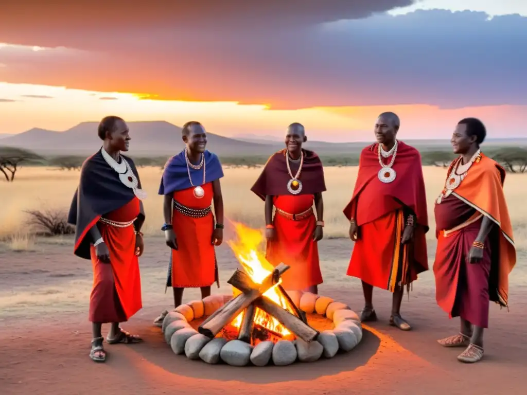 Reunión alrededor de fogata al atardecer, Maasai en vestimenta tradicional, danzas y disputa por tierras ancestrales Maasai Tanzania