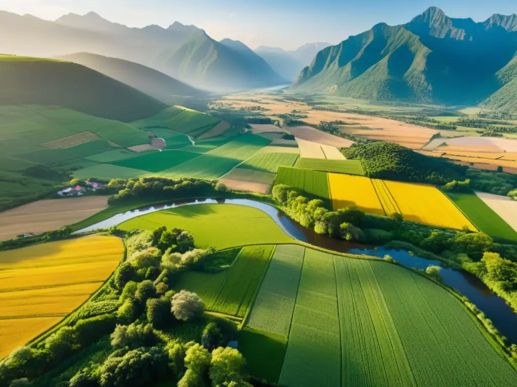 Foto aérea de paisaje verde exuberante, campos cultivados y ríos serpenteantes entre montañas imponentes, reflejo de resiliencia y esperanza en zonas postconflicto luchando por la tierra