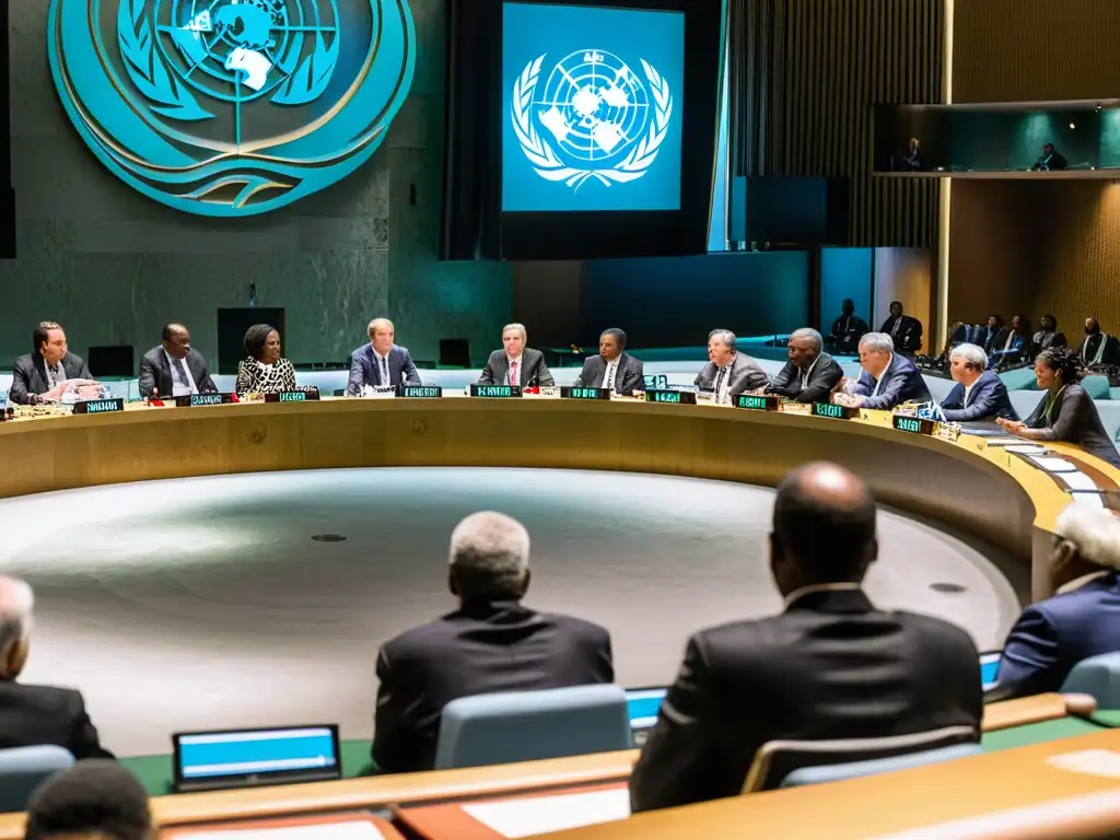 Foto en blanco y negro de activistas y diplomáticos debatiendo sobre cooperación internacional en derechos humanos en la sede de la ONU