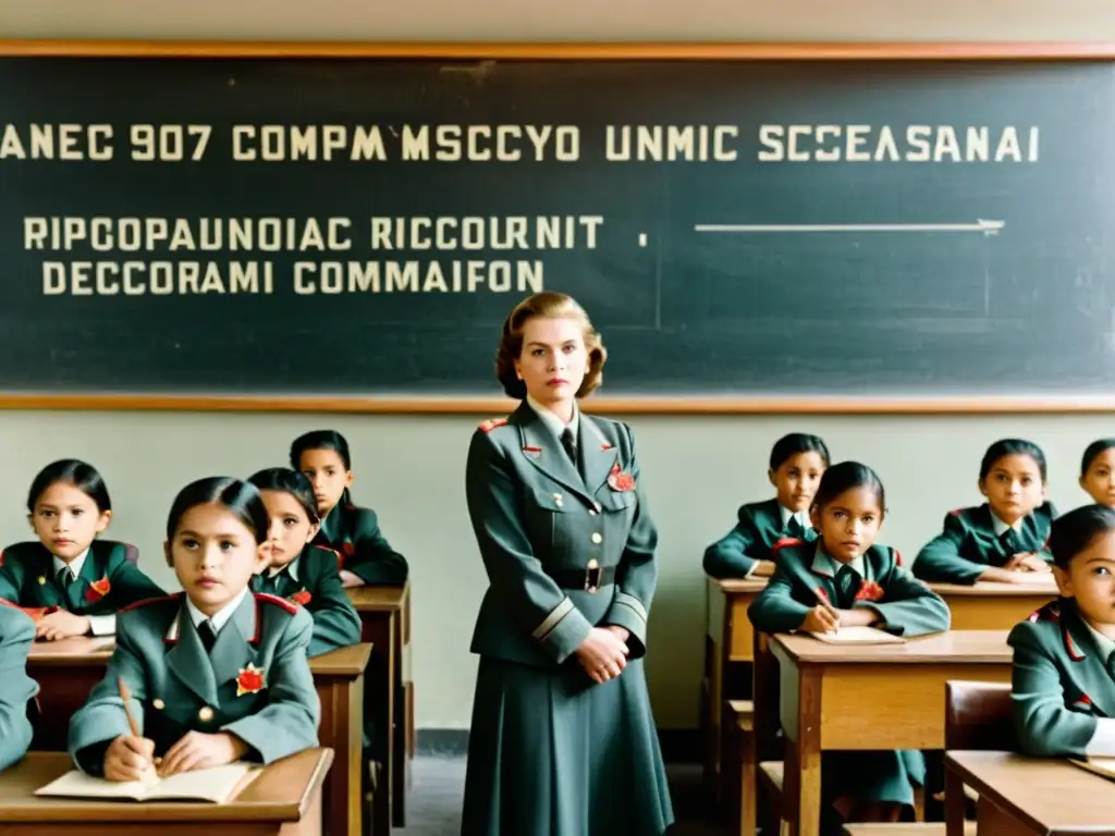 Foto en blanco y negro de aula en dictadura comunista, con niños uniformados en silencio, mientras maestro señala póster del líder