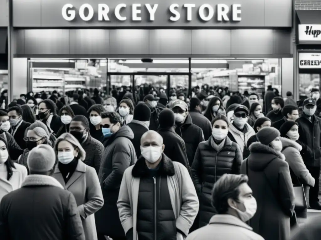 Foto en blanco y negro de una calle abarrotada durante una crisis, con personas usando mascarillas y haciendo largas filas afuera de un supermercado