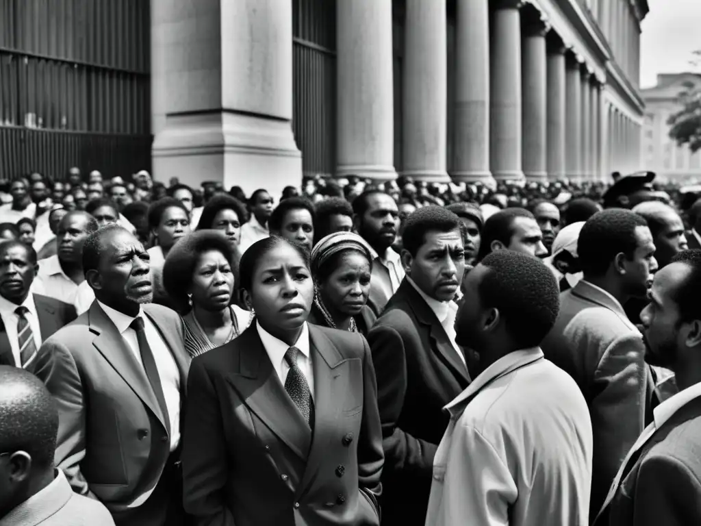 Foto en blanco y negro de una calle urbana abarrotada con personas esperando afuera de un edificio gubernamental