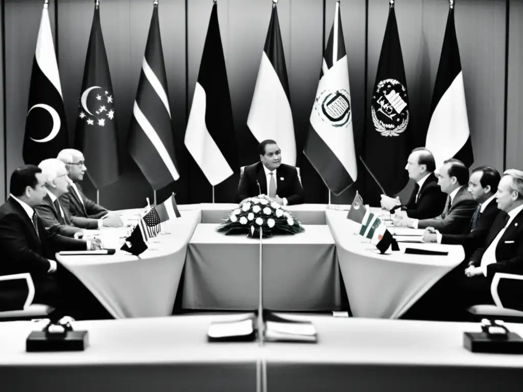 Foto en blanco y negro de diplomáticos de diferentes países en intensa discusión alrededor de una mesa, con banderas de varias naciones al fondo