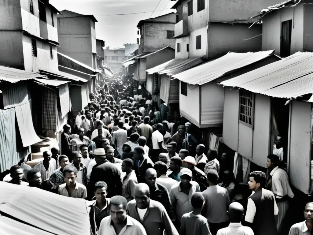 Una foto en blanco y negro muestra la dura realidad de un barrio marginal urbano y el papel de los derechos humanos en la globalización