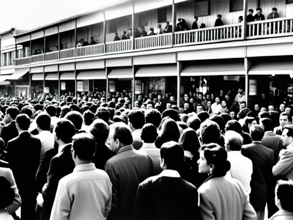 Foto en blanco y negro de la era Pinochet en Chile, con gente formada en largas filas frente a tiendas vacías, reflejando desesperación y frustración por el impacto social del modelo económico Pinochet