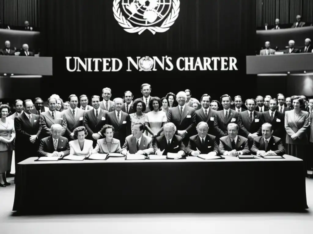 Foto en blanco y negro de la firma de la Carta de las Naciones Unidas en 1945