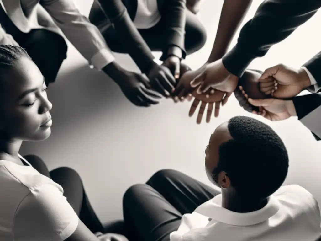 Foto en blanco y negro de un grupo diverso en círculo, discutiendo con empatía y determinación