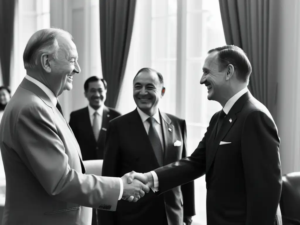 Foto en blanco y negro de líderes mundiales sonriendo en un evento diplomático, mientras un disidente político mira solo por la ventana