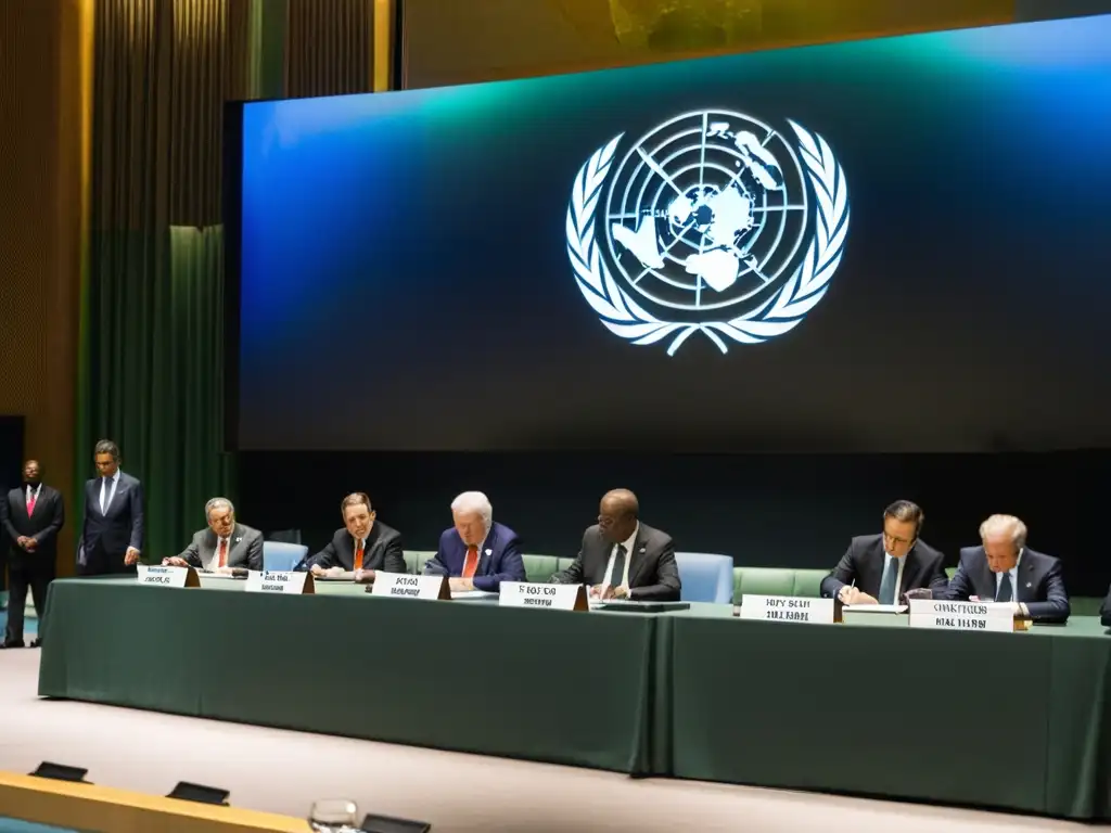 Foto en blanco y negro de líderes mundiales firmando el Tratado de No Proliferación Nuclear en la ONU, con tensión y gravedad en el ambiente, destacando las implicaciones del tratado de no proliferación nuclear