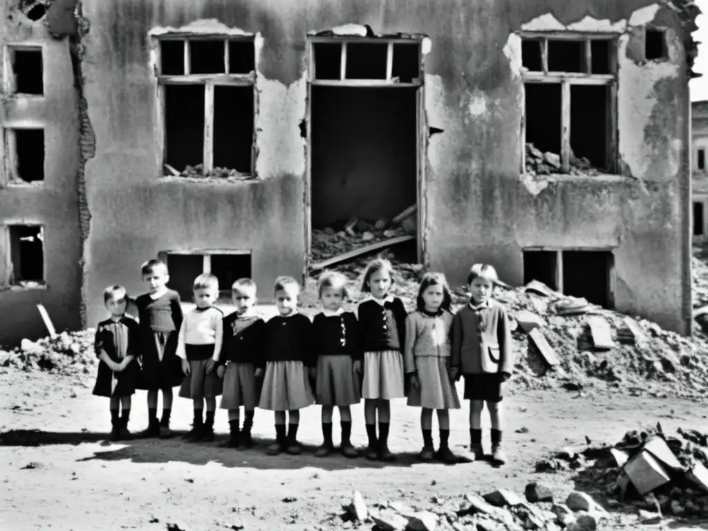 Foto en blanco y negro de niños frente a edificio en Europa del Este, reflejando el impacto de las dictaduras en su inocencia y resiliencia