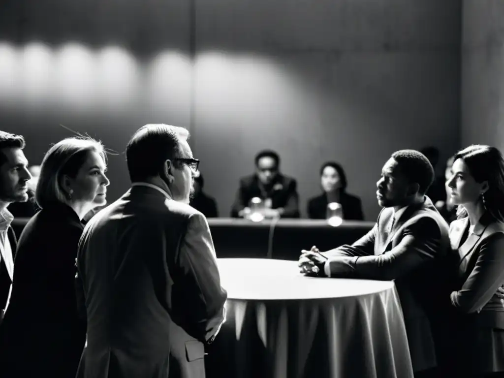 Foto en blanco y negro de personas reunidas en una habitación tenue, con aire de tensión y secreto