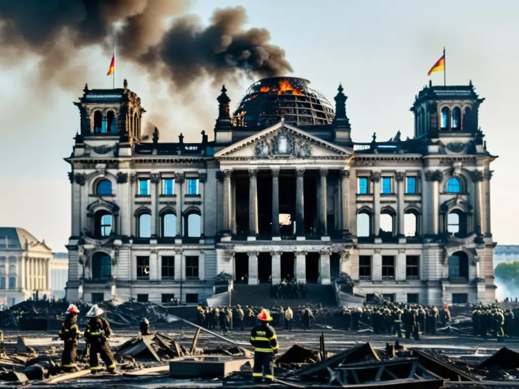 Foto en blanco y negro de los restos carbonizados del Reichstag tras el incendio del Tercer Reich, con humo en el aire y personas observando la devastación